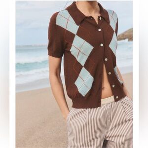 Zara Brown and Blue Argyle Button-Down Shirt